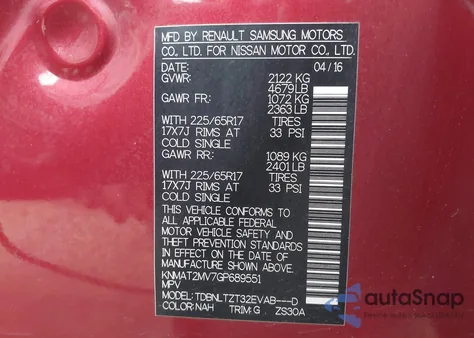 2016 Nissan Rogue Sv from USA, damaged, VIN KNMAT2MV7GP689551